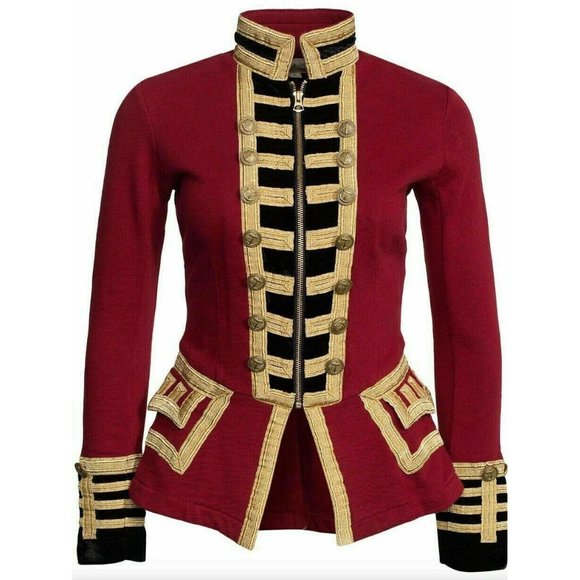 New Women’s Red Wool French Terry Officer’s Military Band Jacket - Picture 1 of 3